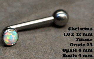 Banane coudee christina 1.6 x 12 titane gr23 - opale 4 mm - boule 4 mm