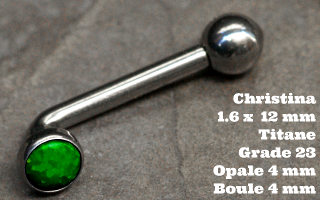 Banane coudee christina 1.6 x 12 titane gr23 - opale 4 mm - boule 4 mm