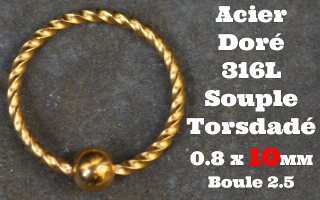 Anneau souple acier Dore Torsade 0.8x10mm - boule 2.5mm