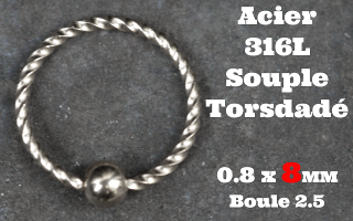 Anneau souple acier Torsade 0.8x8mm - boule 2.5mm
