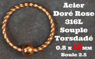 Anneau souple acier Torsade dore rose 0.8x12mm - boule 2.5mm