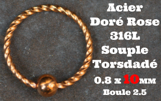 Anneau souple acier Torsade dore rose 0.8x10mm - boule 2.5mm