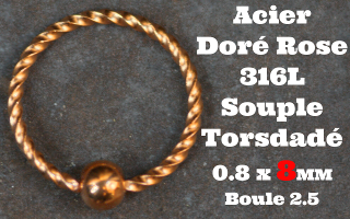 Anneau souple acier Torsade dore rose 0.8x8mm - boule 2.5mm