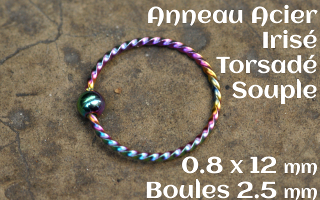 Anneau souple acier irise torsade 0.8 x 12 - boule fixe 2.5mm