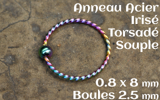 Anneau souple acier irise torsade 0.8 x 8 - boule fixe 2.5mm