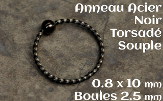 Anneau souple acier noir torsade 0.8 x 10 - boule fixe 2.5mm