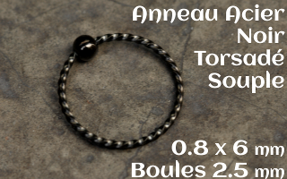 Anneau souple acier noir torsade 0.8 x 6 - boule fixe 2.5mm