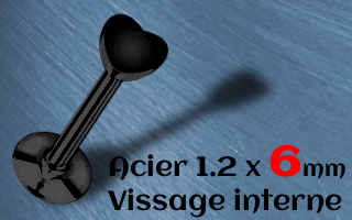 labret acier noir 1.2 x 6 coeur vissage interne.