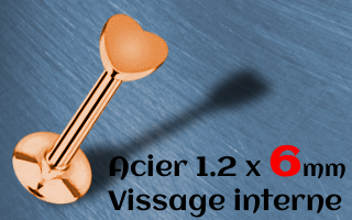 labret acier rose dore 1.2 x 6 coeur vissage interne.