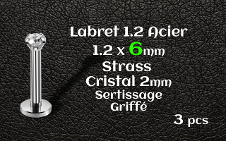 labret acier 1.2x6 - strass cristal serti griffe 2 mm.
