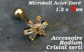microbell 1.2 x 6 acier doré - accessoire rodium - cristal serti