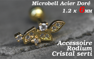 microbell 1.2 x 6 acier doré - accessoire rodium - cristal serti