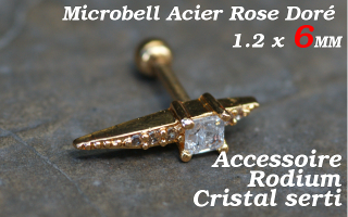 microbell 1.2 x 6 acier doré Rose - accessoire rodium - cristal serti