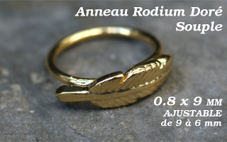 anneau rodium Dore 0.8 x 9 - ajustable de 9 à 6 mm- feuille plume