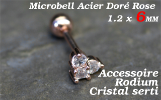microbell 1.2 x 6 acier rose doré - accessoire rodium - cristal serti