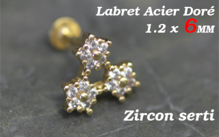 labret 1.2 x 6 acier dore - cristal serti