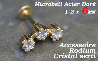 microbell 1.2 x 6 acier doré - accessoire rodium - cristal serti