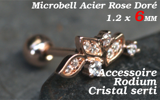 microbell 1.2 x 6 acier rose doré - accessoire rodium - cristal serti