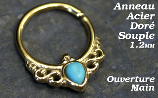 Anneau acier Dore souple 1.2 x 10- ouverture main- turquoise