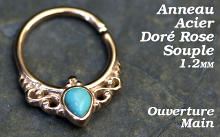 Anneau acier Rose Dore souple 1.2 ouverture main- turquoise