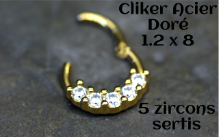 clicker 1.2 x 8 acier doré - 5 zircons sertis
