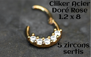 clicker 1.2 x 8 acier doré rose- 5 zircons sertis