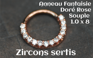 Anneau souple fantaisie doré Rose 1.0 x 8 mm - zircons sertis