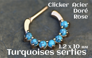 Clicker acier doré rose 1.2 x 10 - turquoises serties