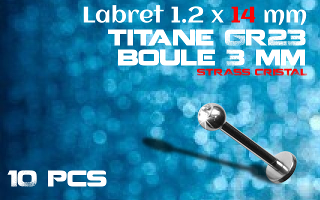 labret titane 1.2 x 14 mm - boule 3 mm avec strass serti