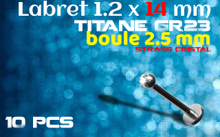 labret titane 1.2 x 14 mm - boule 2.5 mm avec strass serti