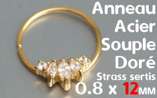 Anneau souple Acier Doré 0.8 x 12 mm strass sertis
