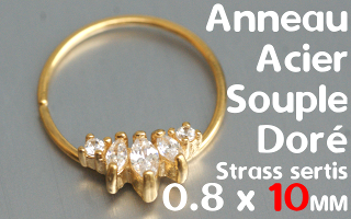 Anneau souple Acier Doré 0.8 x 10 mm strass sertis