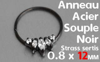 Anneau souple Acier Noir 0.8 x 12 mm strass sertis