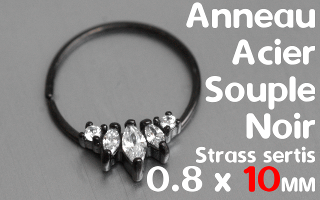 Anneau souple Acier Noir 0.8 x 10 mm strass sertis